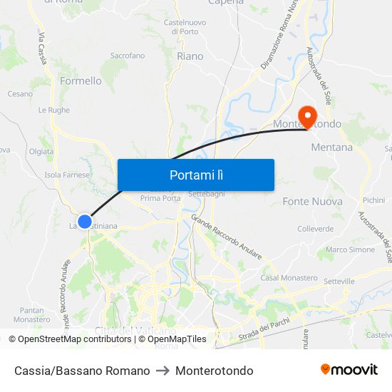 Cassia/Bassano Romano to Monterotondo map