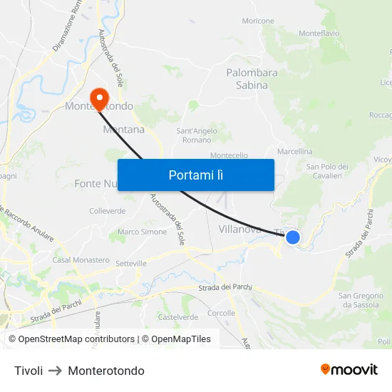 Tivoli to Monterotondo map