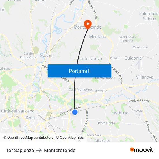 Tor Sapienza to Monterotondo map