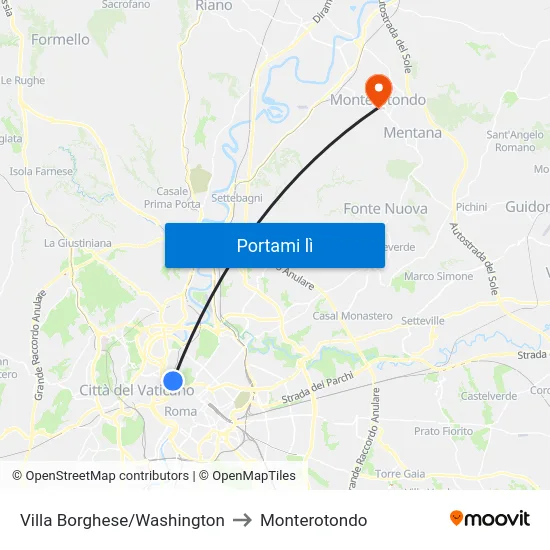 Villa Borghese/Washington to Monterotondo map