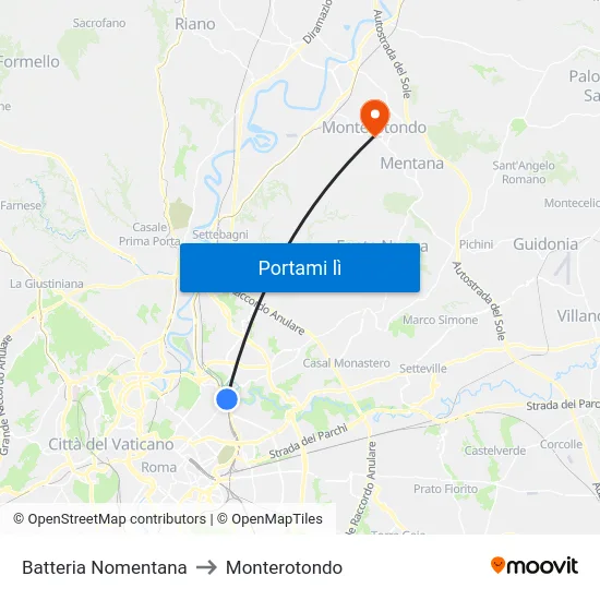 Batteria Nomentana to Monterotondo map
