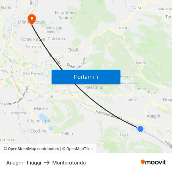 Anagni - Fiuggi to Monterotondo map