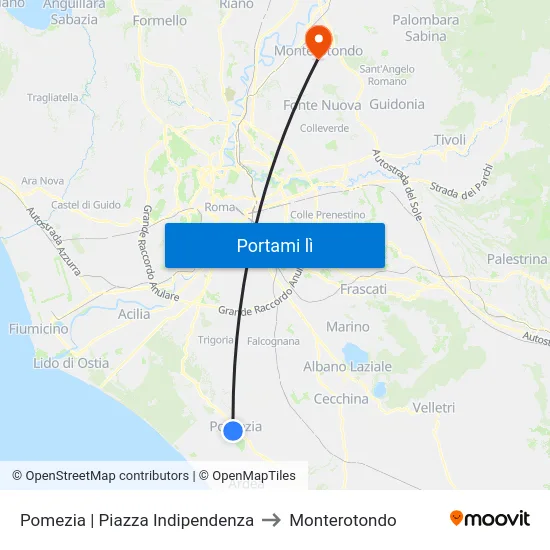 Pomezia | Piazza Indipendenza to Monterotondo map