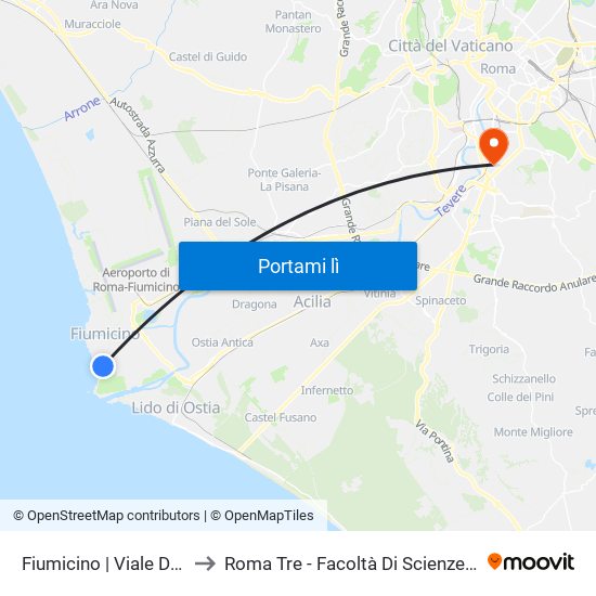 Fiumicino | Viale Danubio to Roma Tre - Facoltà Di Scienze Politiche map