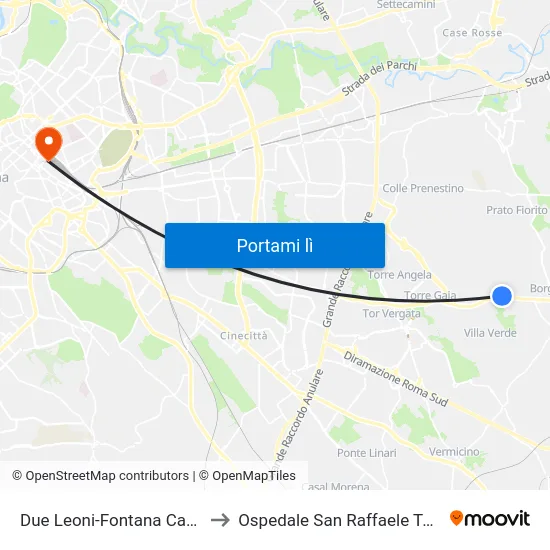 Due Leoni-Fontana Candida to Ospedale San Raffaele Termini map