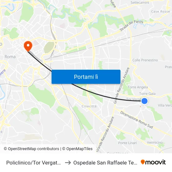 Policlinico/Tor Vergata (H) to Ospedale San Raffaele Termini map