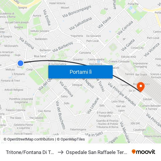 Tritone/Fontana Di Trevi to Ospedale San Raffaele Termini map