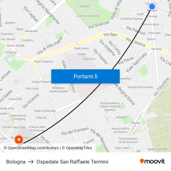 Bologna to Ospedale San Raffaele Termini map