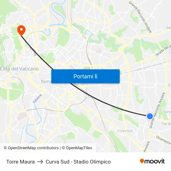 Torre Maura to Curva Sud - Stadio Olimpico map