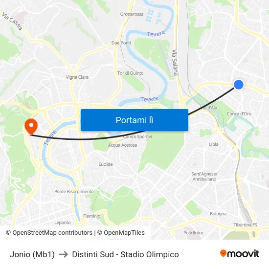 Jonio (Mb1) to Distinti Sud - Stadio Olimpico map