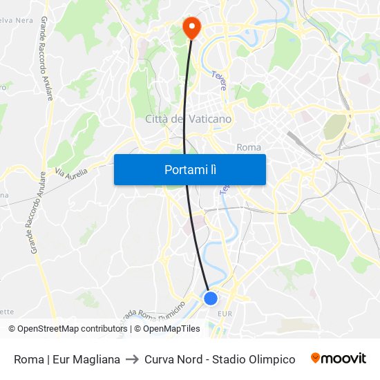 Roma | Eur Magliana to Curva Nord - Stadio Olimpico map