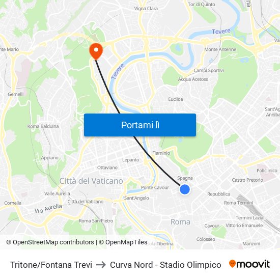 Tritone/Fontana Trevi to Curva Nord - Stadio Olimpico map