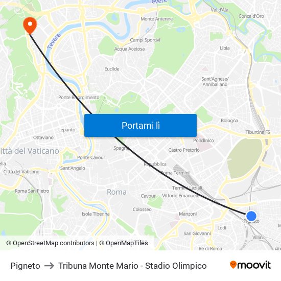 Pigneto to Tribuna Monte Mario - Stadio Olimpico map