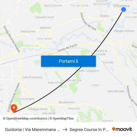 Guidonia | Via Maremmana (Villanova) to Degree Course In Pharmacy map