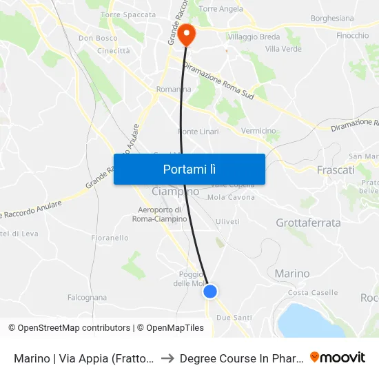 Marino | Via Appia (Frattocchie) to Degree Course In Pharmacy map