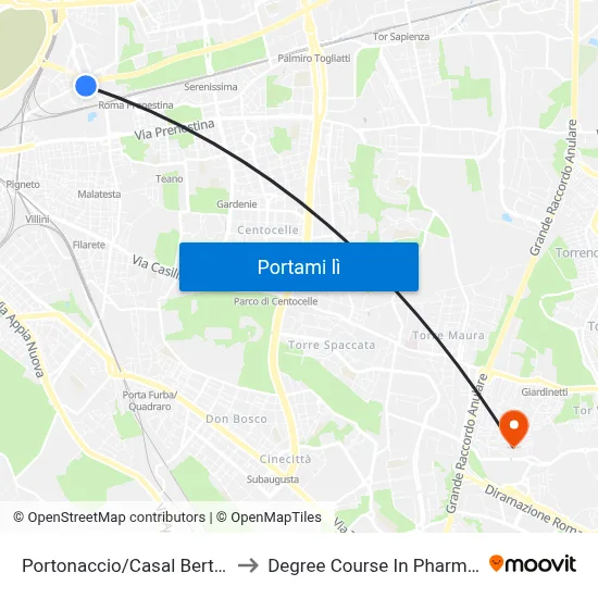 Portonaccio/Casal Bertone to Degree Course In Pharmacy map