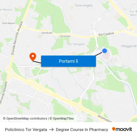 Policlinico Tor Vergata to Degree Course In Pharmacy map