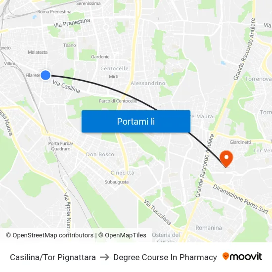 Casilina/Tor Pignattara to Degree Course In Pharmacy map