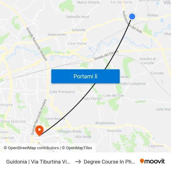 Guidonia | Via Tiburtina Via Platani to Degree Course In Pharmacy map