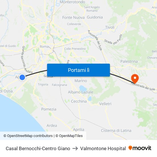 Casal Bernocchi-Centro Giano to Valmontone Hospital map