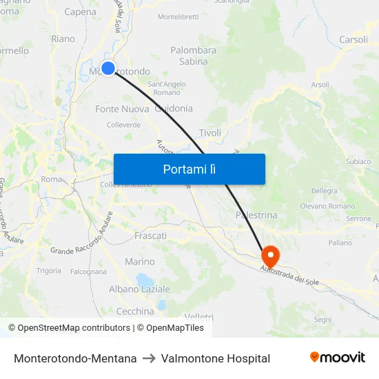 Monterotondo-Mentana to Valmontone Hospital map