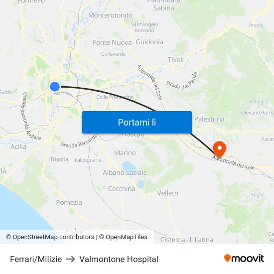 Ferrari/Milizie to Valmontone Hospital map