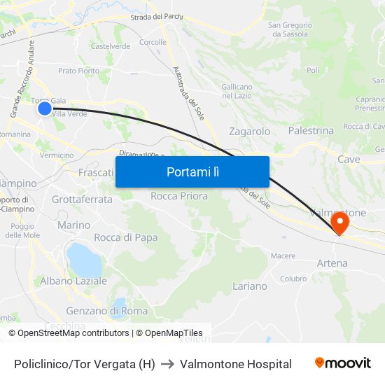 Policlinico/Tor Vergata (H) to Valmontone Hospital map