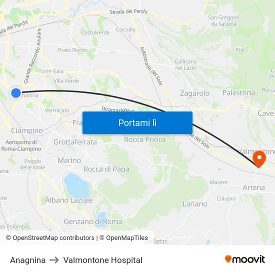 Anagnina to Valmontone Hospital map