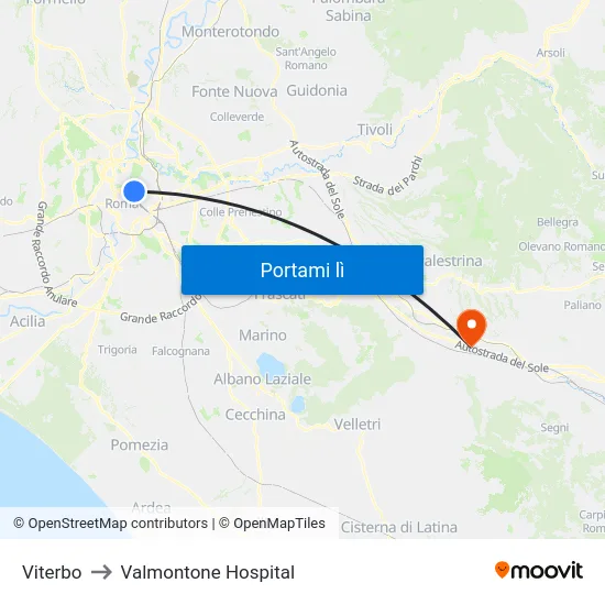 Viterbo to Valmontone Hospital map