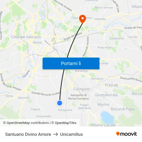 Santuario Divino Amore to Unicamillus map