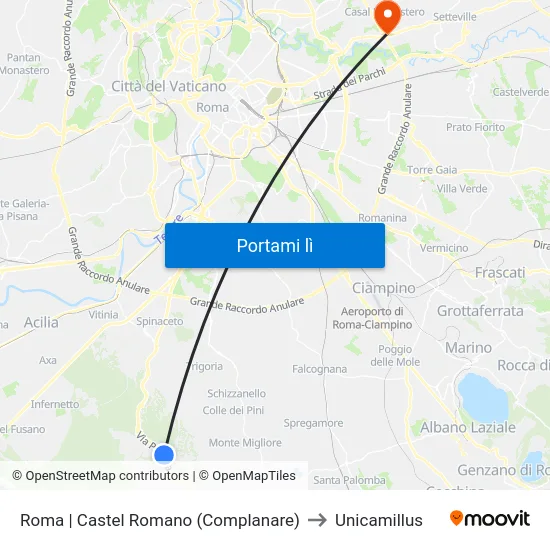 Roma | Castel Romano (Complanare) to Unicamillus map