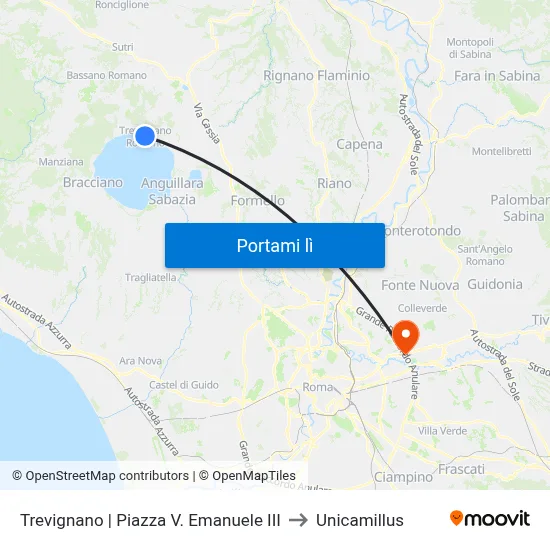 Trevignano | Piazza V. Emanuele III to Unicamillus map