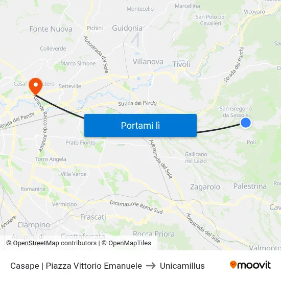 Casape | Piazza Vittorio Emanuele to Unicamillus map