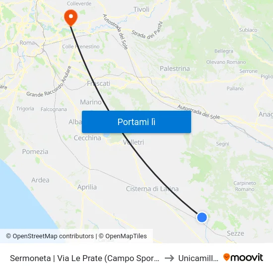 Sermoneta | Via Le Prate (Campo Sportivo) to Unicamillus map
