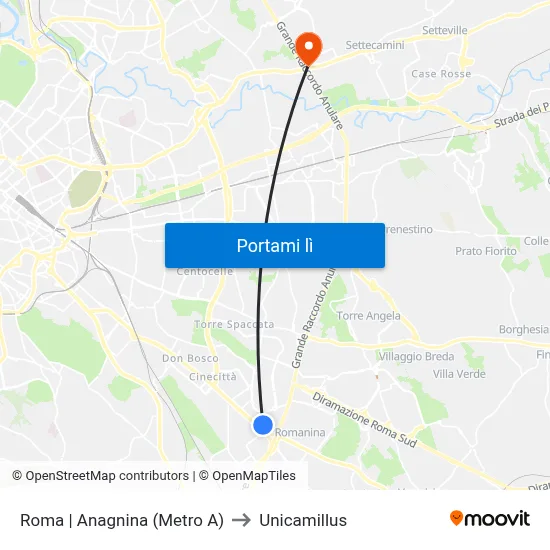 Roma | Anagnina (Metro A) to Unicamillus map