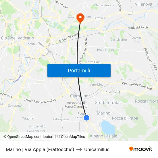 Marino | Via Appia (Frattocchie) to Unicamillus map