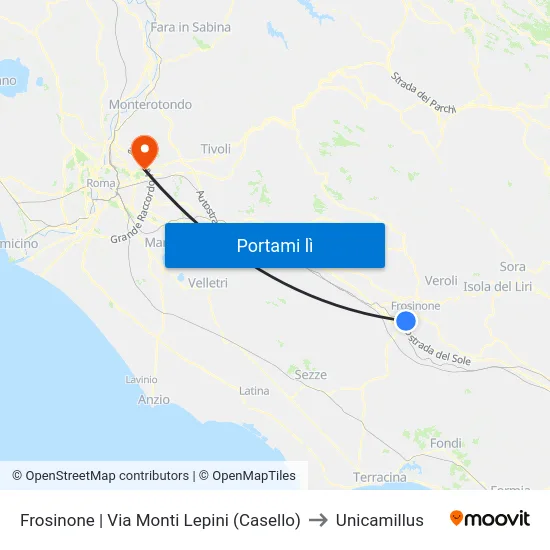 Frosinone | Via Monti Lepini (Casello) to Unicamillus map