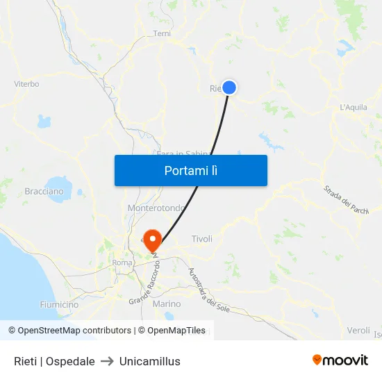 Rieti | Ospedale to Unicamillus map