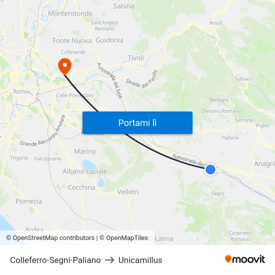 Colleferro-Segni-Paliano to Unicamillus map