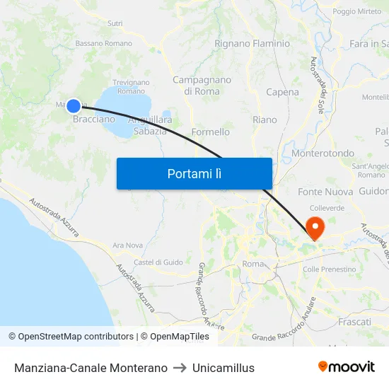 Manziana-Canale Monterano to Unicamillus map