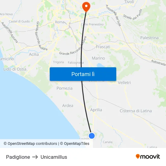 Padiglione to Unicamillus map