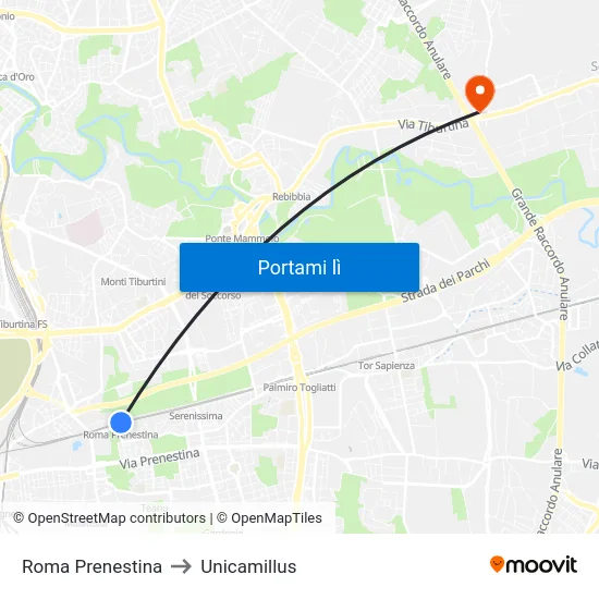Roma Prenestina to Unicamillus map