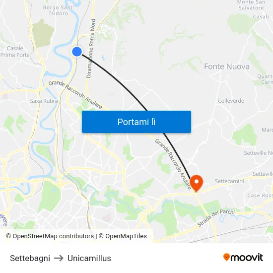 Settebagni to Unicamillus map