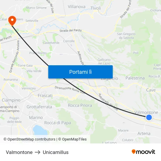 Valmontone to Unicamillus map