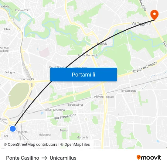 Ponte Casilino to Unicamillus map
