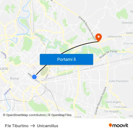 P.le Tiburtino to Unicamillus map
