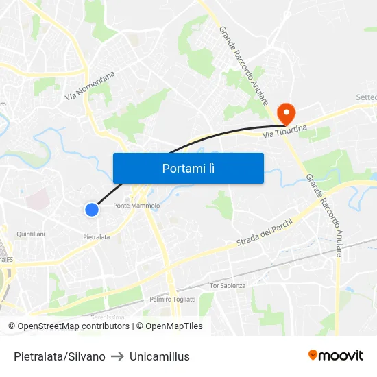 Pietralata/Silvano to Unicamillus map