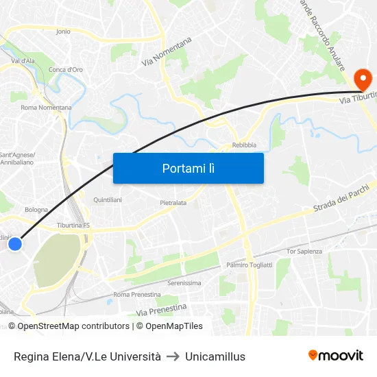 Regina Elena/V.Le Università to Unicamillus map