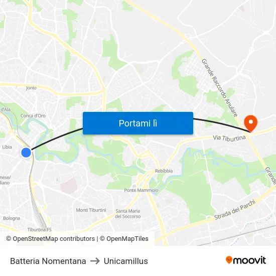 Batteria Nomentana to Unicamillus map