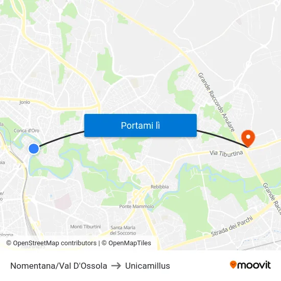Nomentana/Val D'Ossola to Unicamillus map